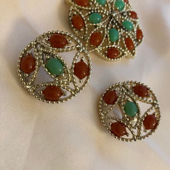 Vintage Sarah Coventry Orange & Green Openwork filigree Brooch matching earrings - Picture 4 of 5